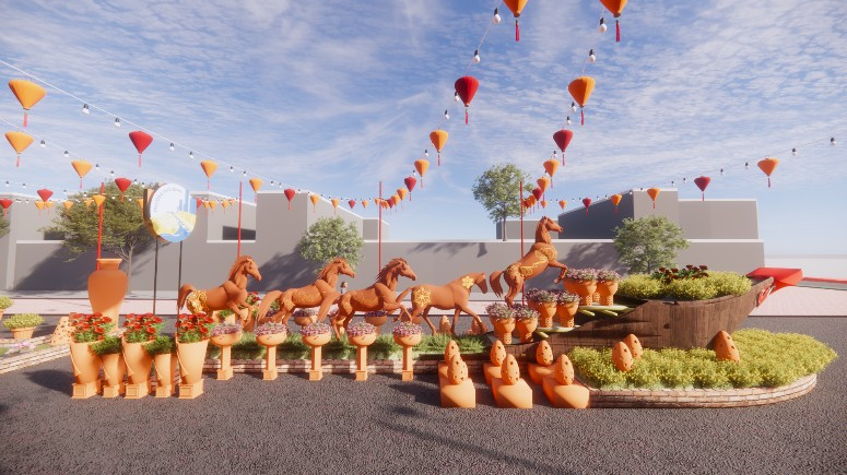 Một trong các phối cảnh của chợ hoa xuân "Trên bến dưới thuyền" của Phường Phú Định.