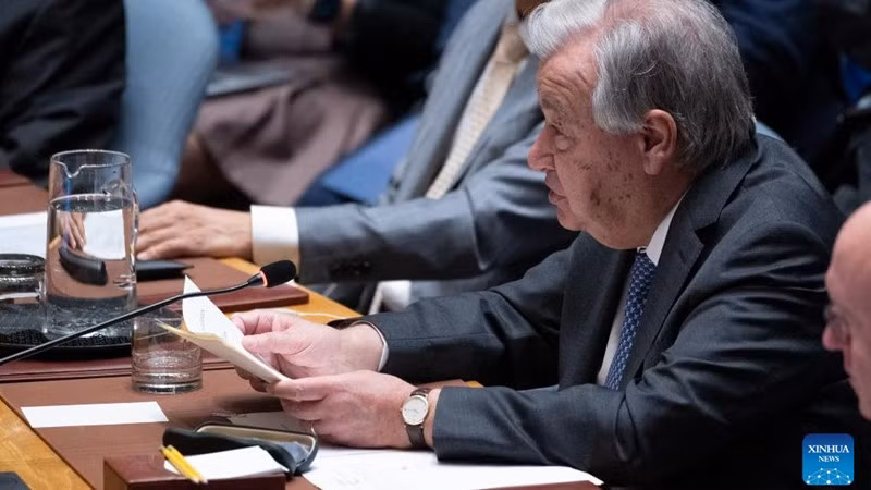 Tổng Thư ký Liên hợp quốc Antonio Guterres phát biểu tại phiên thảo luận của Hội đồng Bảo an Liên hợp quốc về chủ đề “Phụ nữ, Hòa bình và An ninh”, ngày 6/10/2025. (Ảnh: Xinhua)