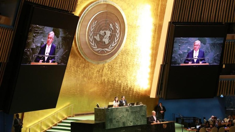Tổng thư ký Liên hợp quốc Antonio Guterres phát biểu tại lễ khai mạc UNGA-80 tại trụ sở Liên hợp quốc ở New York, ngày 9/9/2025. (Ảnh: Xinhua)