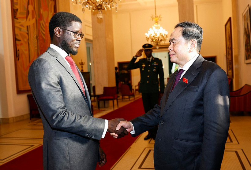 Chủ tịch Quốc hội Trần Thanh Mẫn hội kiến Tổng thống Senegal Bassirou Diomaye Faye. (Ảnh: Doãn Tấn/TTXVN) 