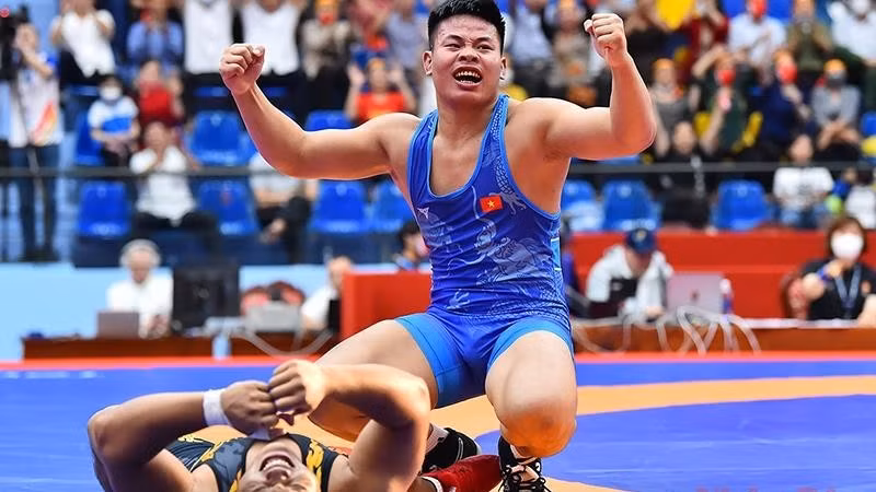 Các vận động viên đội tuyển vật Việt Nam tham gia thi đấu tại SEA Games 31.