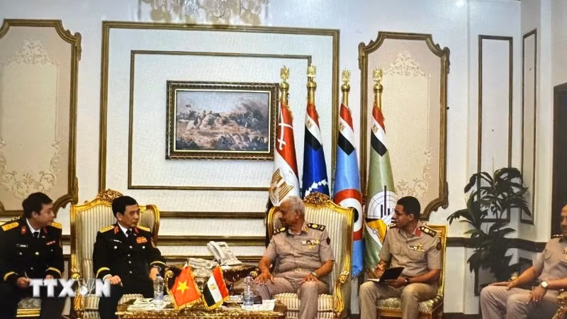Đại tướng Phan Văn Giang, Bộ trưởng Quốc phòng hội kiến Đại tướng Abdel Mageed Saqr, Bộ trưởng Quốc phòng Ai Cập. (Ảnh: TTXVN phát)