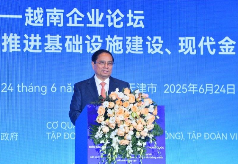 Thủ tướng Chính phủ Phạm Minh Chính phát biểu ý kiến tại Diễn đàn Kết nối Doanh nghiệp Việt Nam-Trung Quốc. (Ảnh: THANH GIANG)