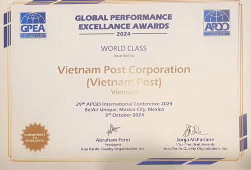 Chiều ngày 3/10, tại Mexico, Tổng công ty Bưu điện Việt Nam (Vietnam Post) vinh dự được trao tặng Giải thưởng Chất lượng Quốc tế châu Á-Thái Bình Dương (Global Performance Excellence Award - GPEA) 2024 ở hạng mục cao nhất – World Class Award.