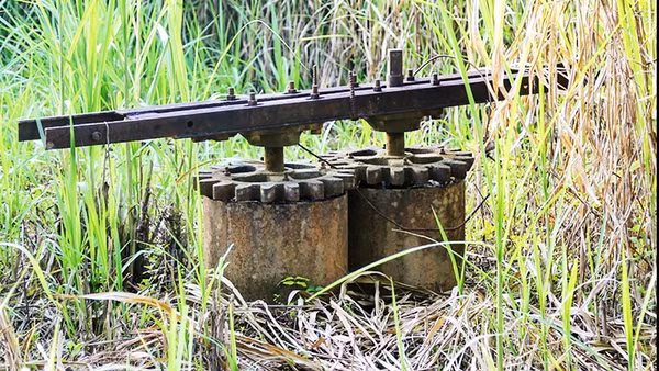 Chiếc máy ép mía chạy sức trâu của ông ngoại nằm yên sau nhiều năm không sử dụng.