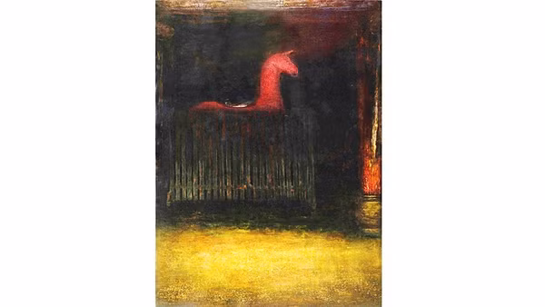 “Tả phù” (tượng ngựa bên tả trong đình làng), tranh của Nguyễn Tuấn Cường bằng sơn mài trên vóc gỗ (110 x 80cm, 2026).