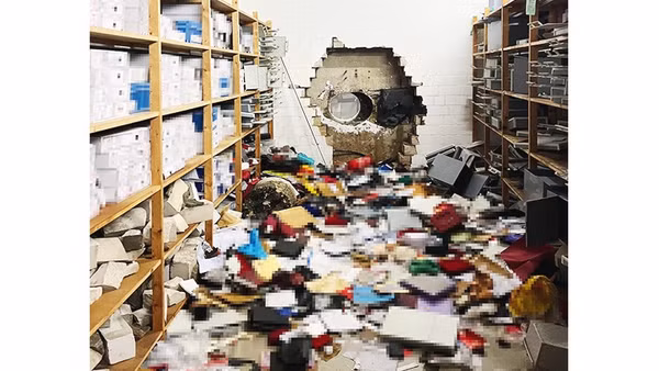 Lỗ hổng trên tường ngân hàng. Ảnh: AFP