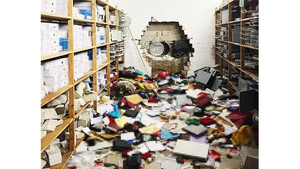 Lỗ hổng trên tường ngân hàng. Ảnh: AFP