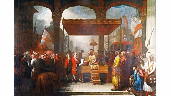 Hoàng đế Shah Alam chuyển giao quyền thu thuế cho đại diện Công ty Đông Ấn Anh. Ảnh: BENJAMIN WEST