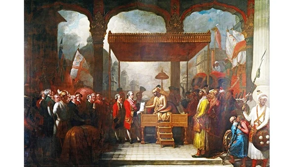 Hoàng đế Shah Alam chuyển giao quyền thu thuế cho đại diện Công ty Đông Ấn Anh. Ảnh: BENJAMIN WEST