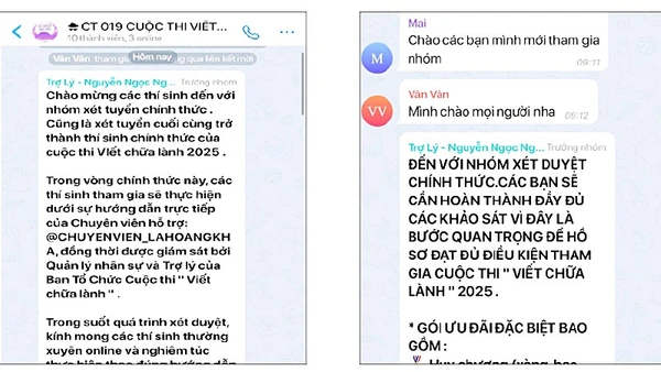Nội dung lừa đảo từ kênh giả mạo cuộc thi “Viết chữa lành” của BOOKAS. Ảnh: Các nạn nhân cung cấp