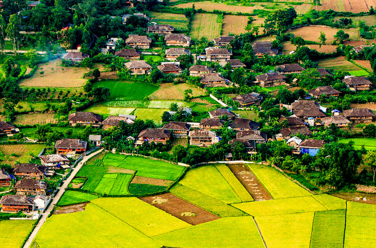 Những ngôi nhà sàn ở làng Quỳnh Sơn có kiến trúc đồng nhất, với mái được lợp bằng ngói âm dương và cửa đều quay về hướng Tây Nam, tạo không gian thoáng mát. (Ảnh: VIỆT HÙNG)