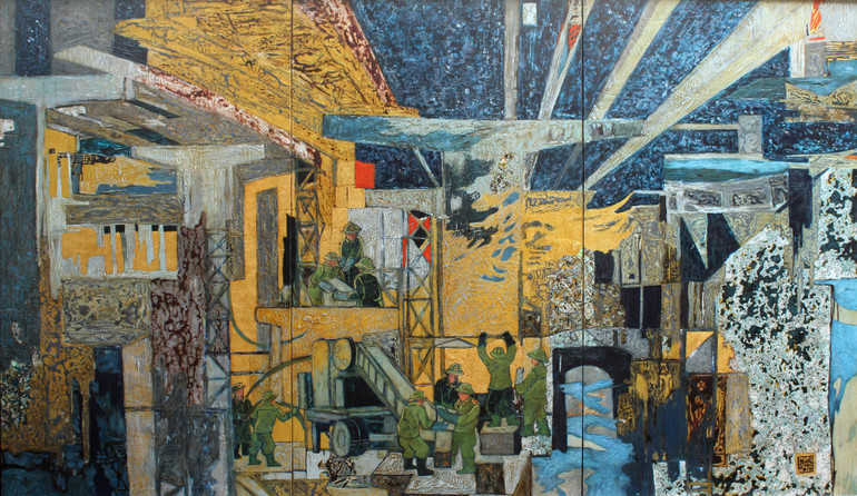 Tác phẩm sơn mài "Công trường xanh" của họa sĩ Nguyễn Trường Linh.