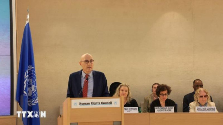 Cao ủy Nhân quyền Liên hợp quốc Volker Turk phát biểu tại phiên khai mạc Phiên họp khóa 58. (Ảnh: ANH HIỂN/TTXVN) Cao ủy Nhân quyền Liên hợp quốc Volker Turk phát biểu tại phiên khai mạc Phiên họp khóa 58. (Ảnh: ANH HIỂN/TTXVN)