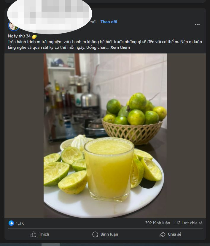Một tài khoản Facebook chia sẻ việc uống nước cốt chanh vào buổi sáng. (Ảnh chụp màn hình) Một tài khoản Facebook chia sẻ việc uống nước cốt chanh vào buổi sáng. (Ảnh chụp màn hình)