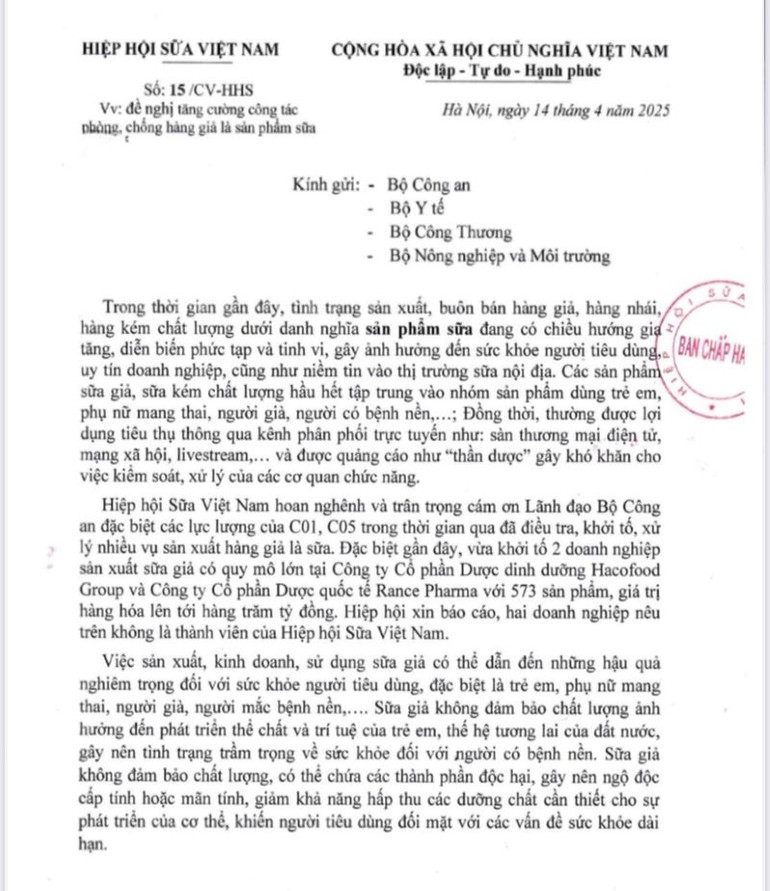 Công văn Hiệp hội sữa Việt Nam đề nghị tăng cường công tác phòng, chống hàng giả là sản phẩm sữa.