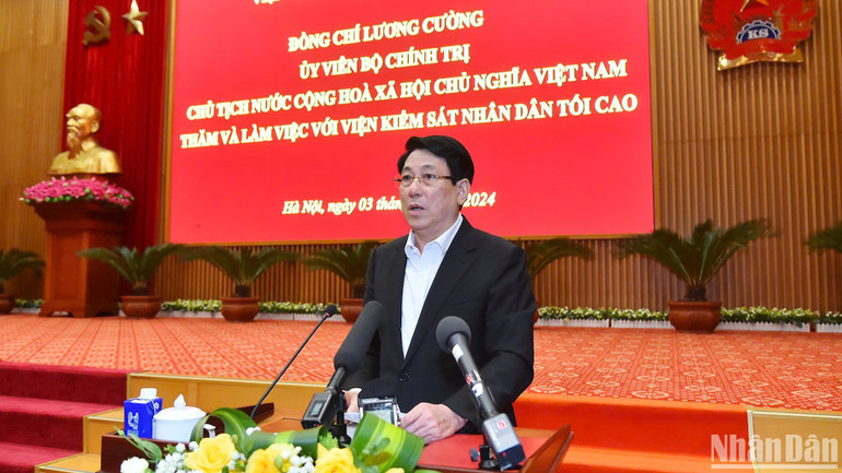 Chủ tịch nước Lương Cường phát biểu ý kiến chỉ đạo tại buổi làm việc.