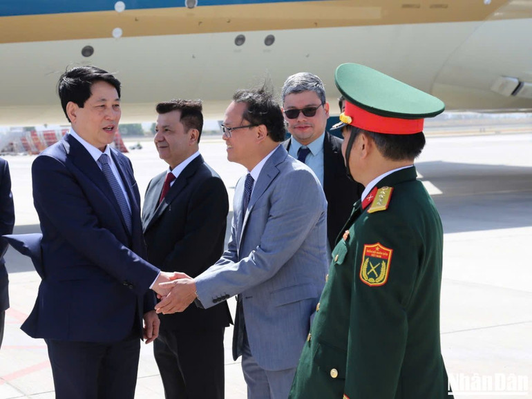 Cán bộ đại sứ quán, cộng đồng người Việt tại Chile đón Chủ tịch nước tại sân bay.