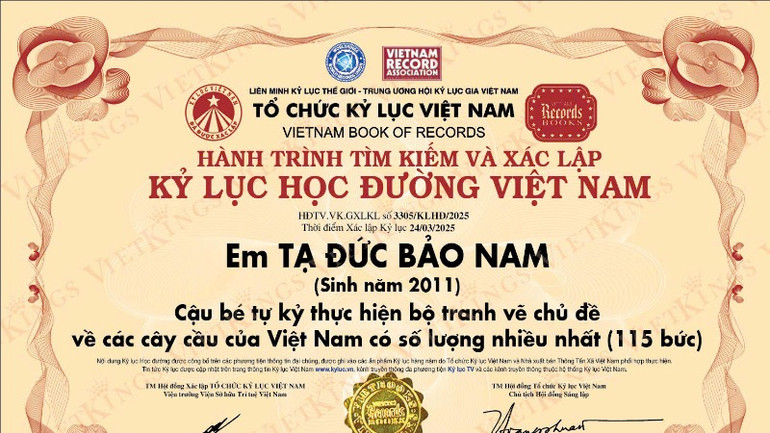 Giấy chứng nhận của Tổ chức Kỷ lục Việt Nam cấp cho em Tạ Đức Bảo Nam.