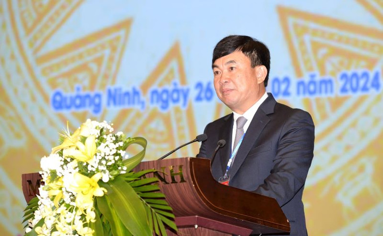 Chủ tịch Hội đồng thành viên TKV Ngô Hoàng Ngân phát biểu tại Hội nghị Người lao động TKV năm 2024.