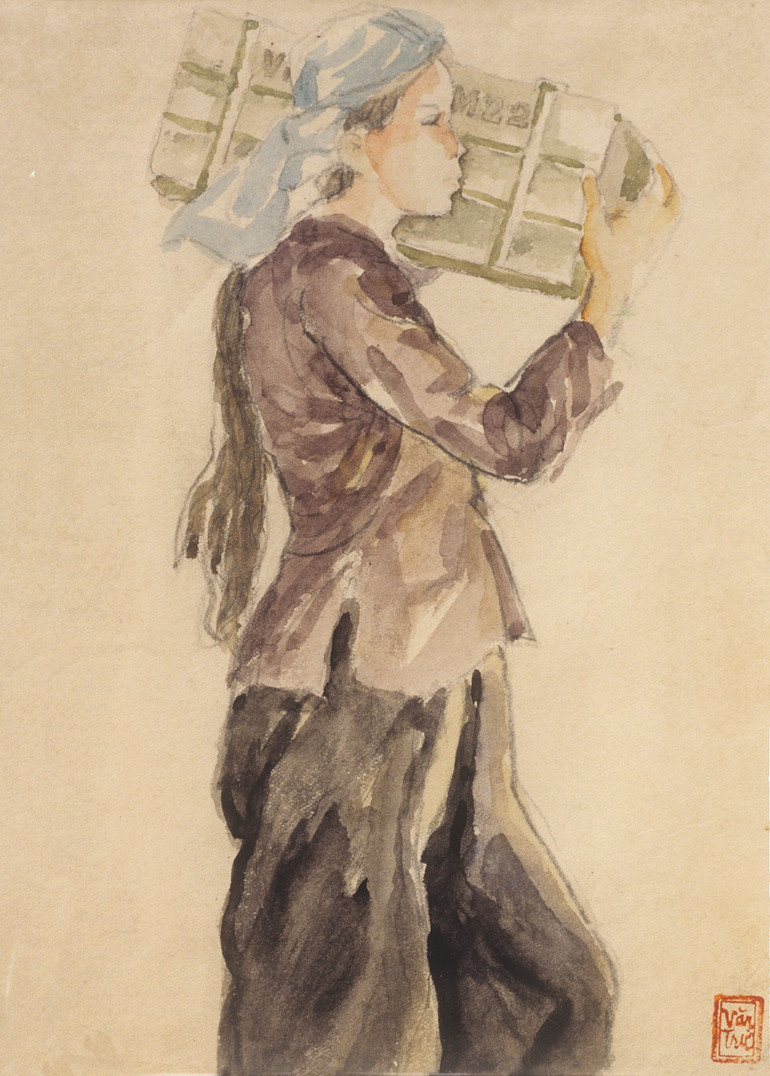 Cô gái vận chuyển đạn giữa các trạm giao liên trên Đường mòn Hồ Chí Minh, ký họa mầu nước của tác giả Nguyễn Văn Trừ, năm 1971. Ảnh: NVCC