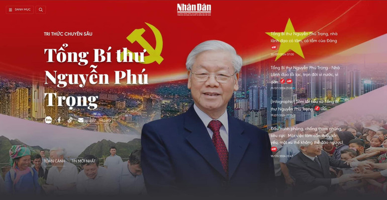 Trang "Tri thức chuyên sâu Tổng Bí thư Nguyễn Phú Trọng" trên Báo Nhân Dân điện tử được ra mắt sáng 20/7/2024. Tính đến ngày 24/7, chuyên trang cập nhật hơn 250 tin, bài, ảnh, video, thu hút hơn 10 triệu pageview, trong đó nhiều tin, bài đạt kỷ lục cao về lượt truy cập. Chuyên trang cũng nhận phản hồi tích cực của bạn đọc trên mạng xã hội với hàng nghìn ý kiến chia sẻ, bày tỏ tiếc thương Tổng Bí thư Nguyễn Phú Trọng thông qua Fanpage của Báo Nhân Dân. Trang "Tri thức chuyên sâu Tổng Bí thư Nguyễn Phú Trọng" trên Báo Nhân Dân điện tử được ra mắt sáng 20/7/2024. Tính đến ngày 24/7, chuyên trang cập nhật hơn 250 tin, bài, ảnh, video, thu hút hơn 10 triệu pageview, trong đó nhiều tin, bài đạt kỷ lục cao về lượt truy cập. Chuyên trang cũng nhận phản hồi tích cực của bạn đọc trên mạng xã hội với hàng nghìn ý kiến chia sẻ, bày tỏ tiếc thương Tổng Bí thư Nguyễn Phú Trọng thông qua Fanpage của Báo Nhân Dân.