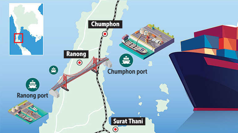 Land Bridge sẽ kết nối tỉnh Chumphon trên Vịnh Thái Lan với tỉnh Ranong trên Biển Andaman. (Đồ họa: Bangkok Post)
