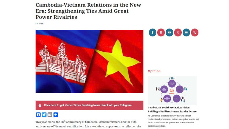Bài bình luận trên Khmer Times về quan hệ Campuchia-Việt Nam trong kỷ nguyên mới của Tiến sĩ Kin Phea, Viện trưởng Viện Quan hệ Quốc tế thuộc Học viện Hoàng gia Campuchia. Bài bình luận trên Khmer Times về quan hệ Campuchia-Việt Nam trong kỷ nguyên mới của Tiến sĩ Kin Phea, Viện trưởng Viện Quan hệ Quốc tế thuộc Học viện Hoàng gia Campuchia.