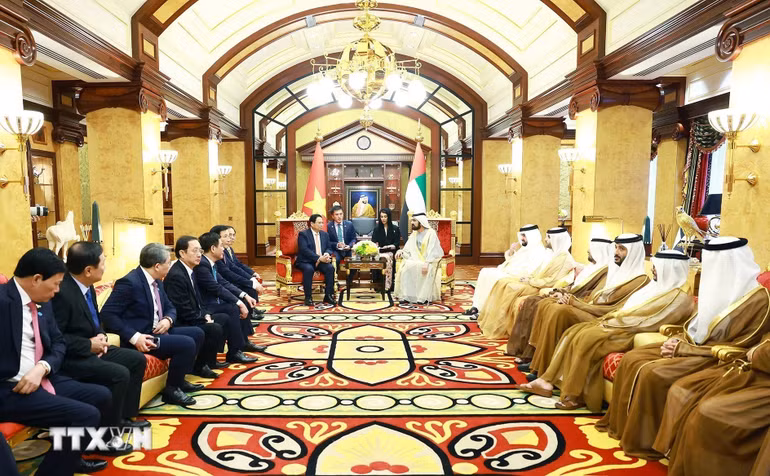 Thủ tướng Phạm Minh Chính hội đàm với Phó Tổng thống, Thủ tướng UAE Sheikh Mohammed bin Rashid Al Maktoum. (Ảnh: Dương Giang/TTXVN)