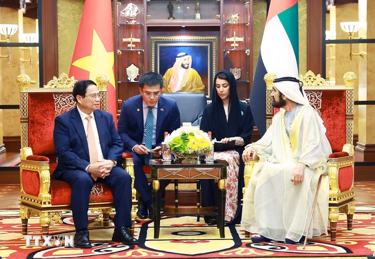 Thủ tướng Phạm Minh Chính hội đàm với Phó Tổng thống, Thủ tướng UAE Sheikh Mohammed bin Rashid Al Maktoum. (Ảnh: Dương Giang/TTXVN)