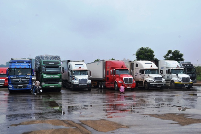 Xe chở hàng tập kết tại Cửa khẩu Kim Thành-Lào Cai để xuất khẩu sang Trung Quốc. (Ảnh: QUỐC HỒNG)