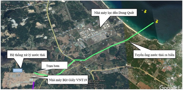 Ảnh vệ tinh tuyến ống thoát nước thải đã qua xử lý của Nhà máy Bột-Giấy VNT19.