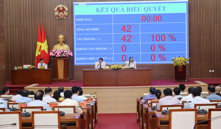 Các đại biểu bấm nút thông qua nghị quyết quy hoạch các phân khu chức năng trong Khu kinh tế Dung Quất.