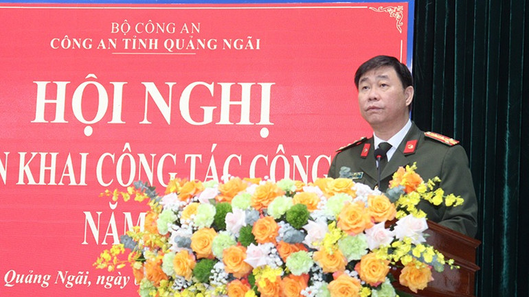 Đại tá Phan Công Bình, Giám đốc Công an tỉnh Quảng Ngãi phát biểu khai mạc hội nghị.