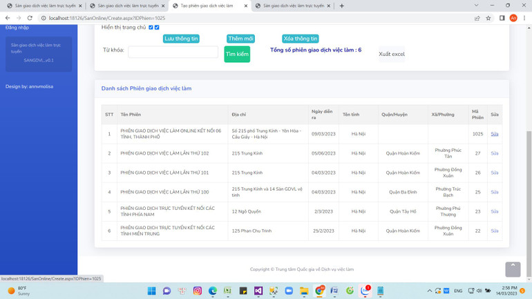 Giao diện công cụ quản lý điều hành sàn giao dịch việc làm trực tuyến kết nối các tỉnh/thành phố.