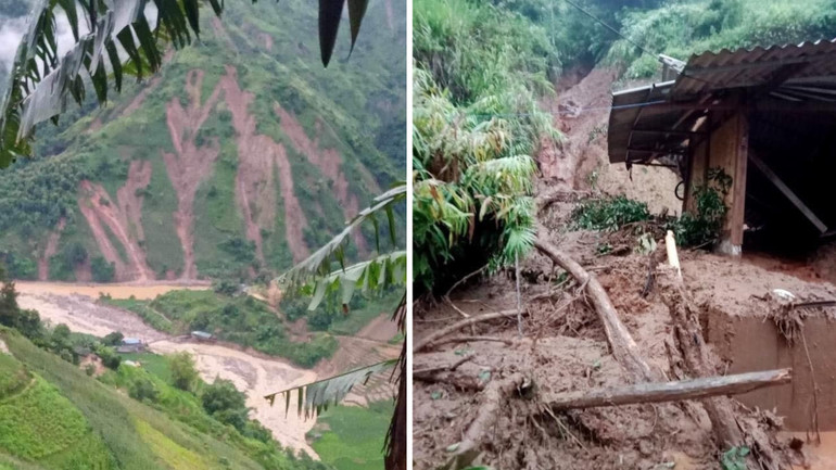 Dốc núi cao bị sạt lở (trái), lũ ống (phải) tại huyện Mù Cang Chải.