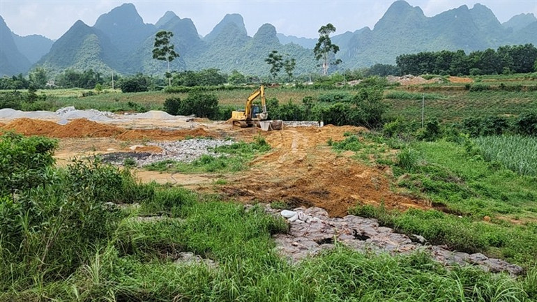 Sau khi bị lập biên bản, đơn vị đổ chất thải mới điều máy xúc đến hiện trường xử lý.