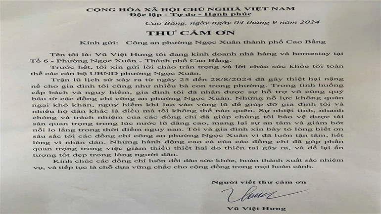 Thư cảm ơn người dân gửi Công an phường Ngọc Xuân, thành phố Cao Bằng, tỉnh Cao Bằng.