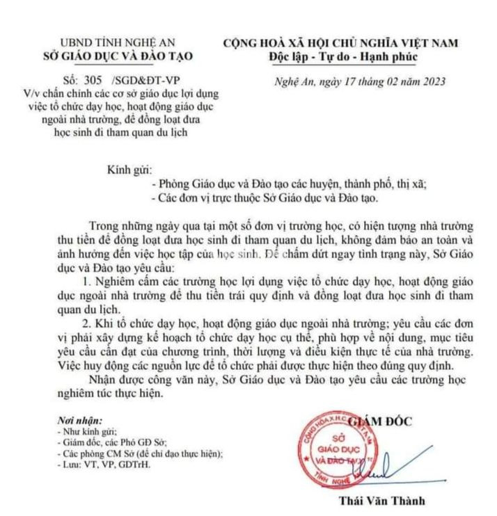 Văn bản chấn chỉnh của Sở Giáo dục và Đào tạo Nghệ An.