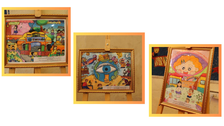 Thí sinh tham dự cuộc thi cần có đầy đủ bài dự thi của cả phần thi kiến thức và phần thi năng khiếu (tranh vẽ về chủ đề liên quan đến sức khỏe thị giác học đường). Trong ảnh: Tranh vẽ của các tác giả đạt giải Nhất cuộc thi.