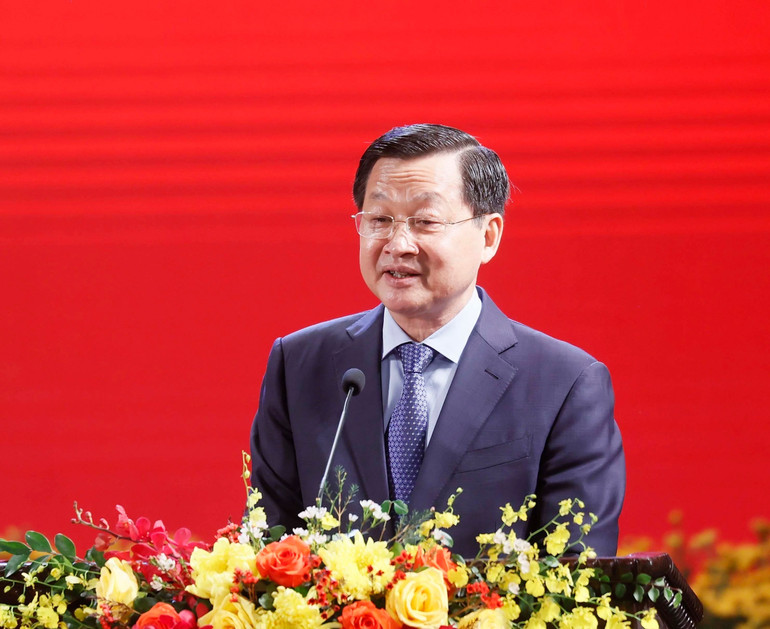 Bí thư Trung ương Đảng, Phó Thủ tướng Chính phủ Lê Minh Khái đọc diễn văn tại lễ kỷ niệm. Ảnh: Thống Nhất/TTXVN