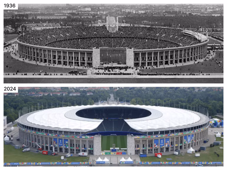 Olympiastadion năm 1936 và 2024. (Ảnh: Getty)