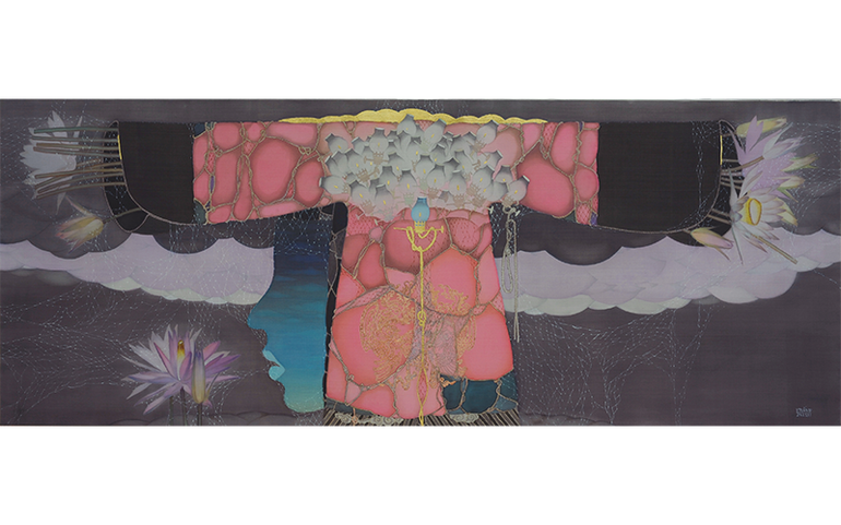 Vũ Đình Tuấn, Vườn phương Đông, mầu nước trên lụa, 78x200cm, thuộc bộ sưu tập Ánh Dương. Ảnh: NVCC