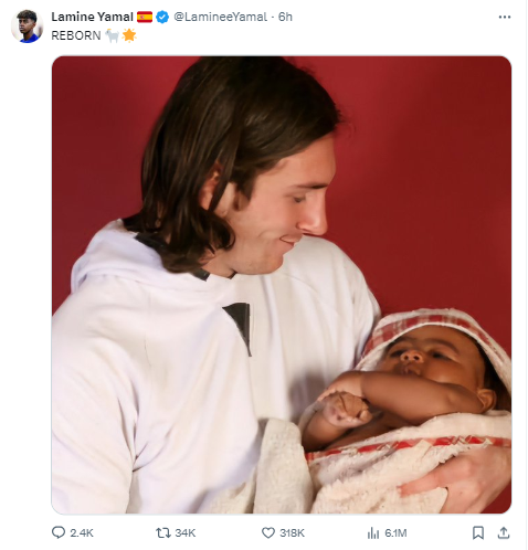 Sau trận đấu với Pháp, Yamal đăng tải bức ảnh chụp cùng Messi khi còn bé. (Ảnh: X)