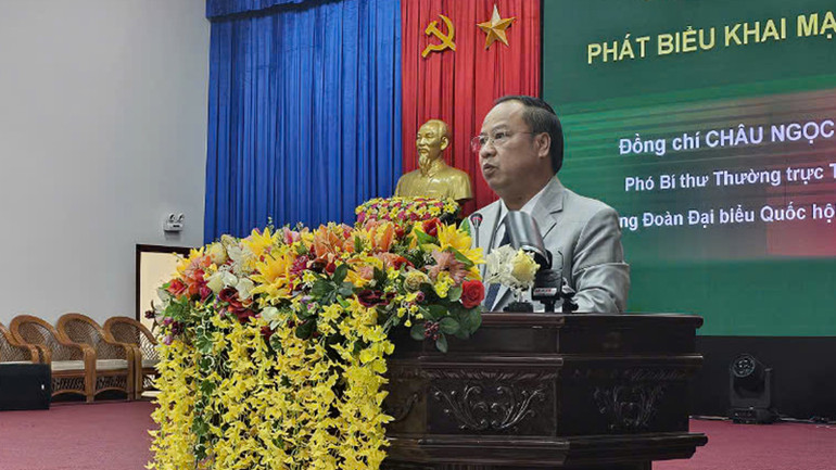 Đồng chí Châu Ngọc Tuấn, Phó Bí thư Thường trực Tỉnh ủy Trưởng Đoàn đại biểu Quốc hội tỉnh Gia Lai phát biểu khai mạc Hội thảo.