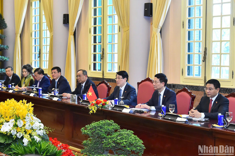 Chủ tịch nước Lương Cường và các đại biểu Việt Nam tại hội đàm.