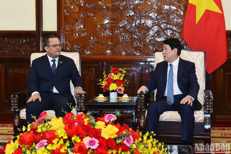 Chủ tịch nước Lương Cường tiếp Đại sứ đặc mệnh toàn quyền Cộng hòa Dominicana Jaime Francisco Rodriguez.