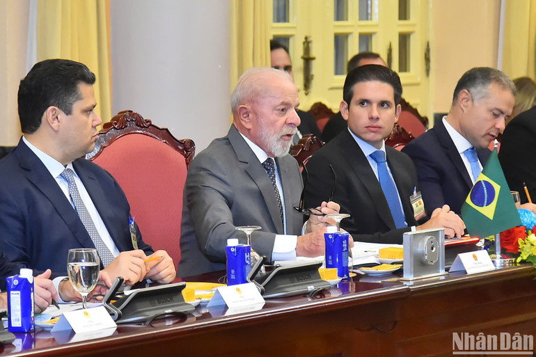 Tổng thống Lula da Silva và đại biểu Brazil tại hội đàm.