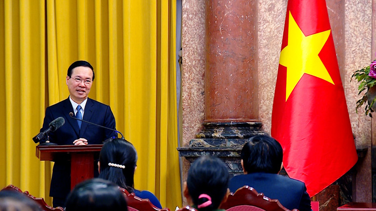 Chủ tịch nước Võ Văn Thưởng phát biểu tại buổi gặp mặt. (Ảnh: HỒNG QUÂN)