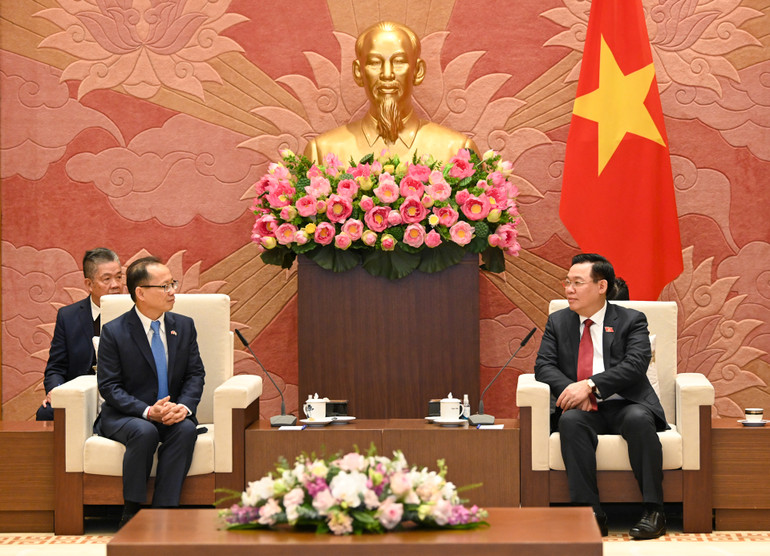 Chủ tịch Quốc hội Vương Đình Huệ và Đại sứ Campuchia Chay Navuth. (Ảnh Duy Linh)